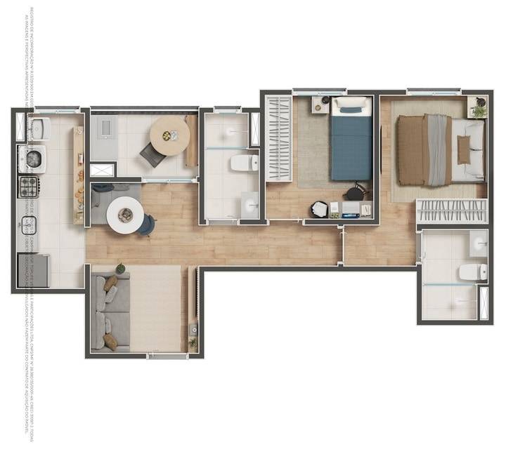 Planta de meio de 2 quartos com suíte