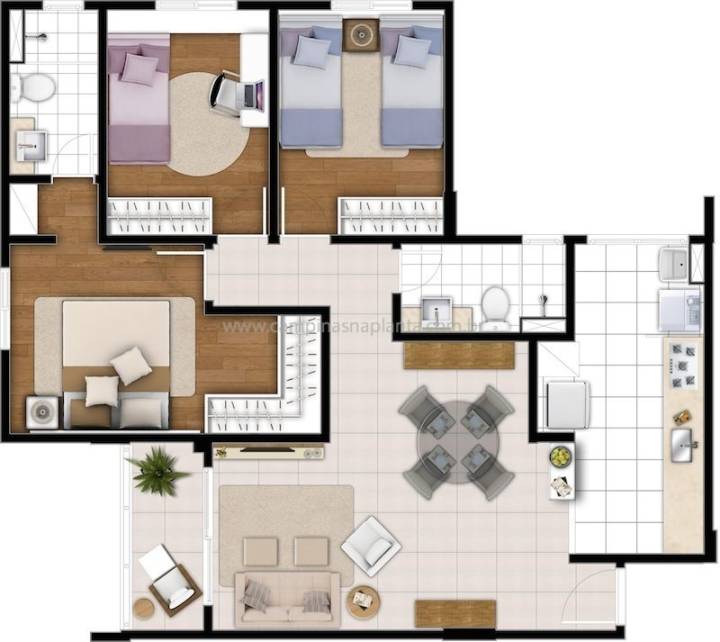 Planta humanizada de 80m² com 3 dormitórios (sendo 1 suíte)