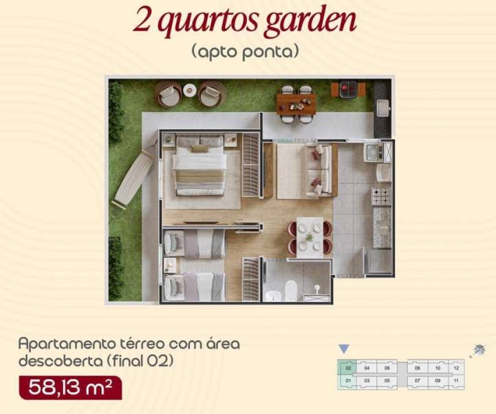Planta garden com dois quartos, área descoberta