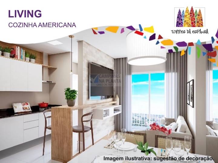 Sala e cozinha americana Torres da Espanha Perspectiva ilustrada