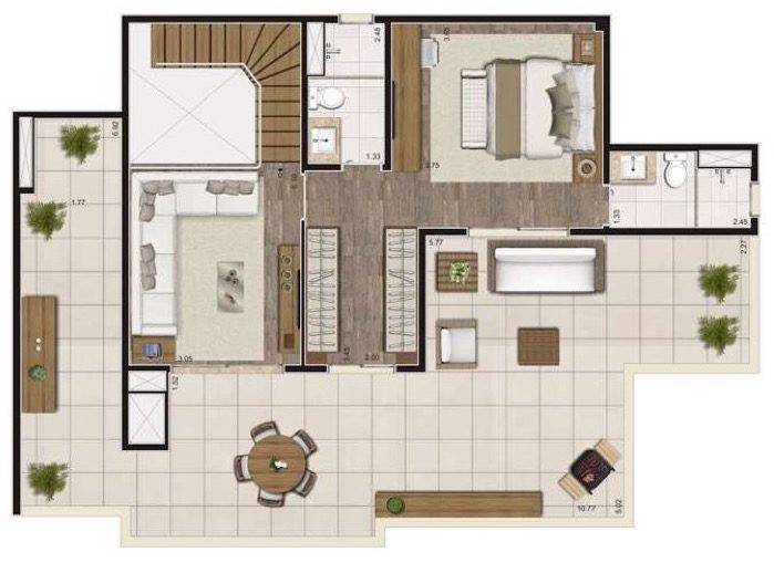Planta padrão humanizada do piso superior do apartamento duplex de 204m² (sendo ~47m² descobertos)