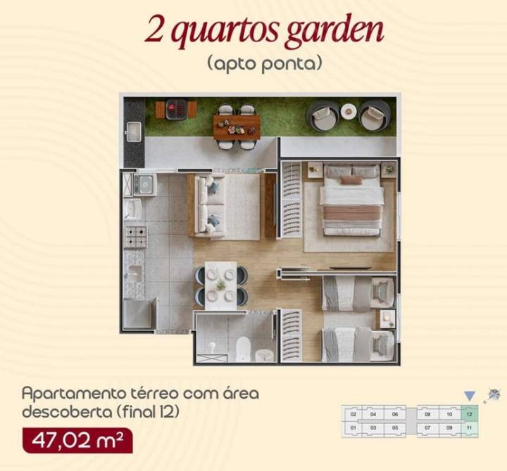 Planta de apartamento garden do Alto Elíseos 74 com dois quartos, área descoberta