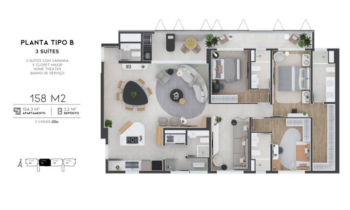 Planta tipo b avenida 105 do Avenida 105 com 158 m² e 3 suítes