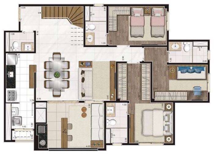 Planta humanizada do piso inferior do apartamento duplex de 204m² (sendo ~47m² descobertos)