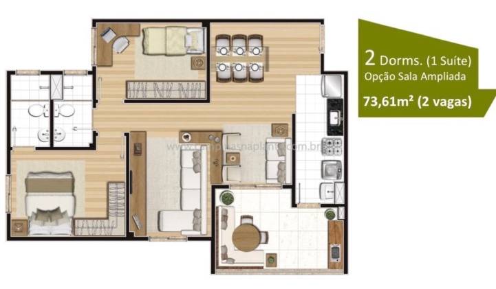 Planta de 73m² com living ampliado, 2 dormitórios (sendo 1 suíte)