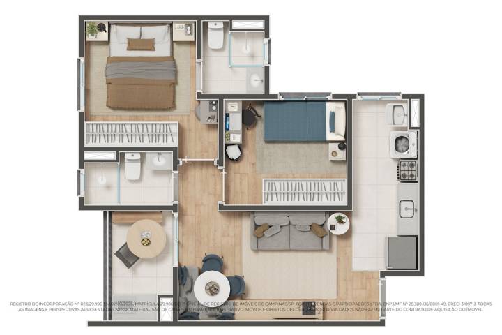 Planta de 2 quartos com suite e 2 banheiros com ventilação natural do toplife nova campinas 