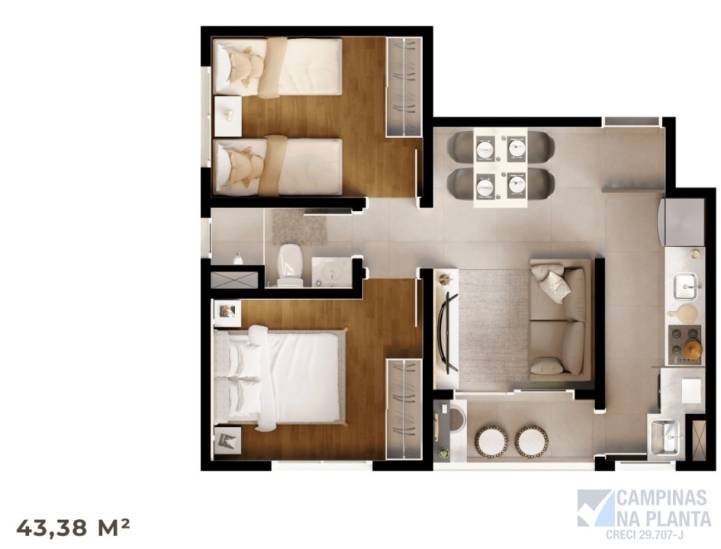 planta apto 2 quarto 43m do petra flamboyant