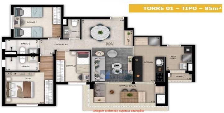 Planta do apartamento de 85m² com 3 quartos e 1 suíte no Luce Cambuí