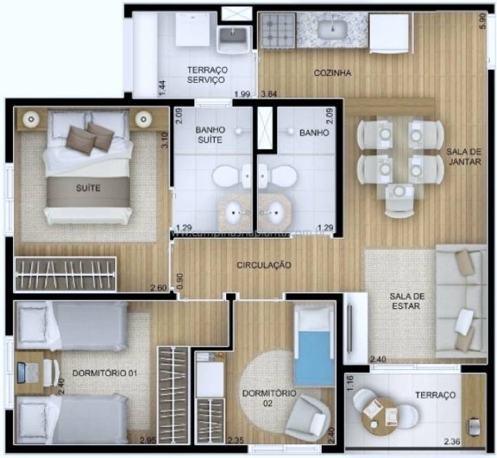 Planta humanizada do apartamento de 58m² com 3 dormitórios (sendo 1 suíte)