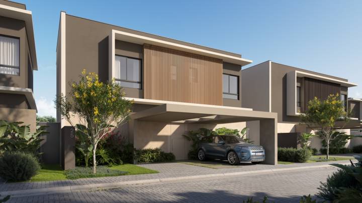 Fachada da Casa Aura no condomínio Casa da Mata Gramado, um novo lançamento de casas na planta em Campinas.
