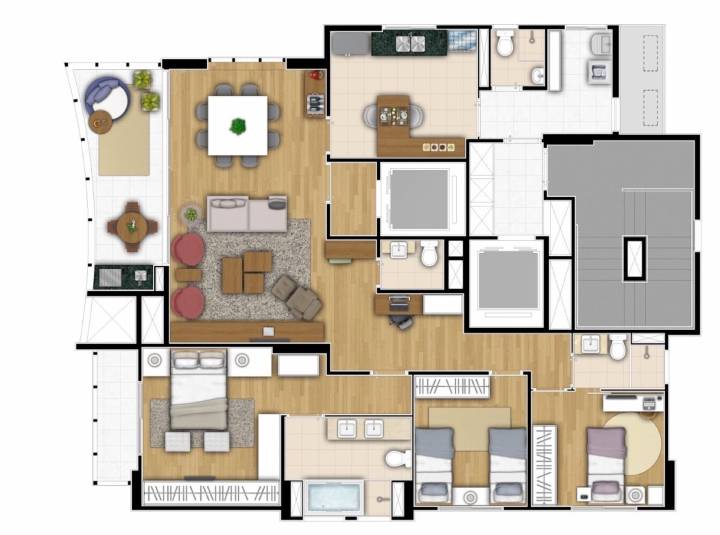 Planta humanizada de 2 suítes com closet e hall privativo