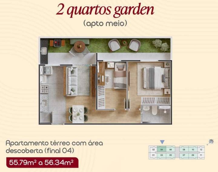 Planta garden com dois quartos, área descoberta