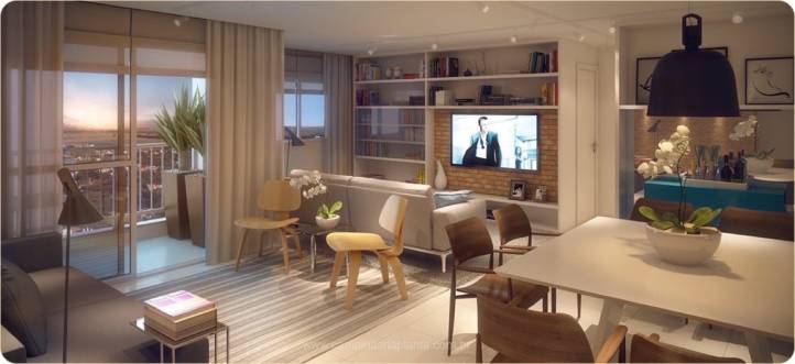 Perspectiva ilustrada do living do apartamento de 85m²