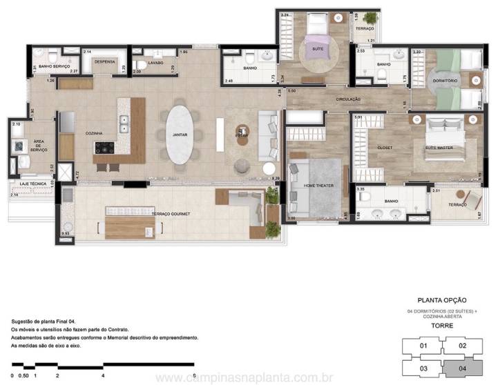 Planta opção humanizada dos apartamentos de 177m² Uniqueness Cambui